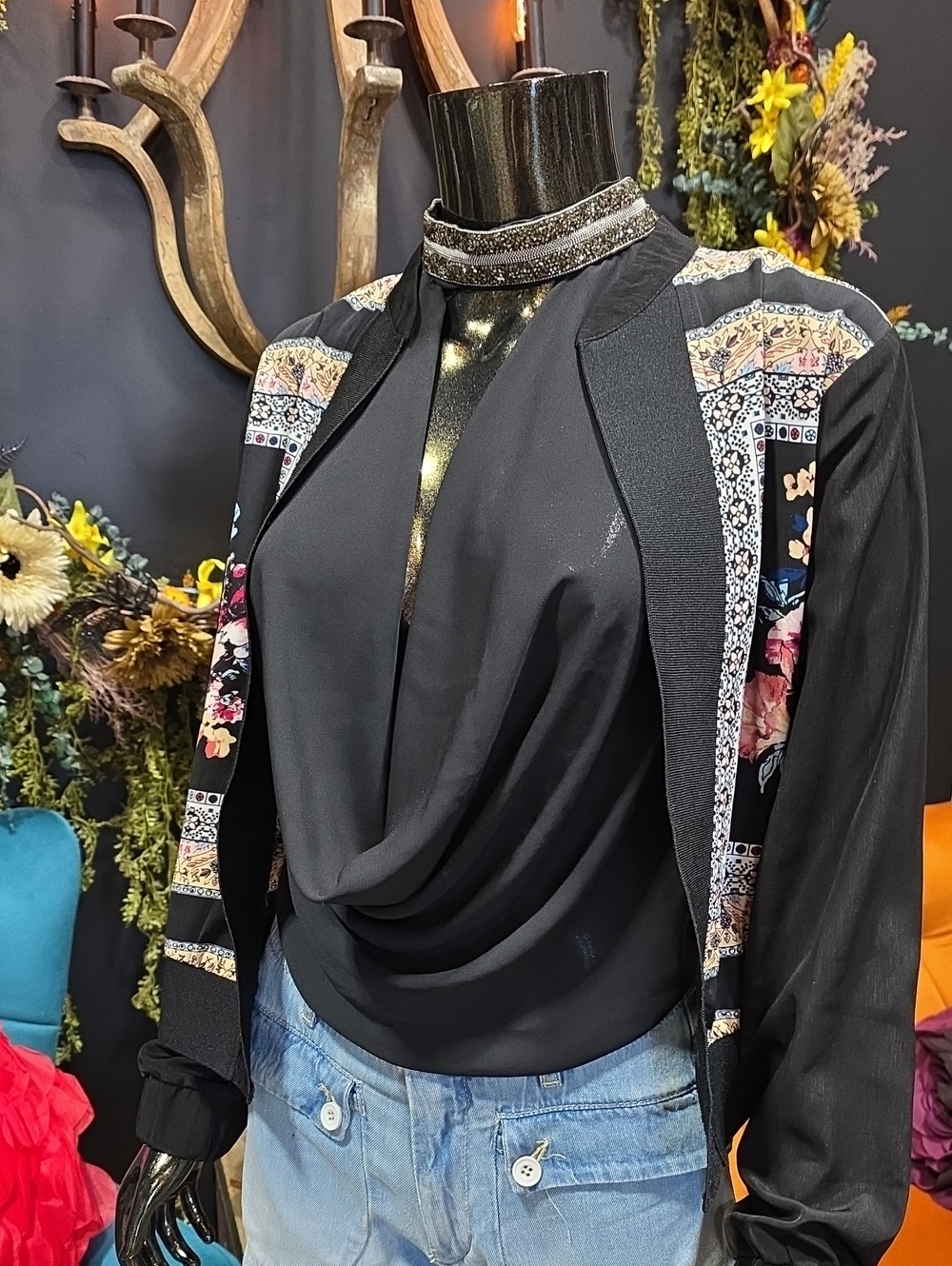 monaco Black Draped Blouse with Patterned Trim